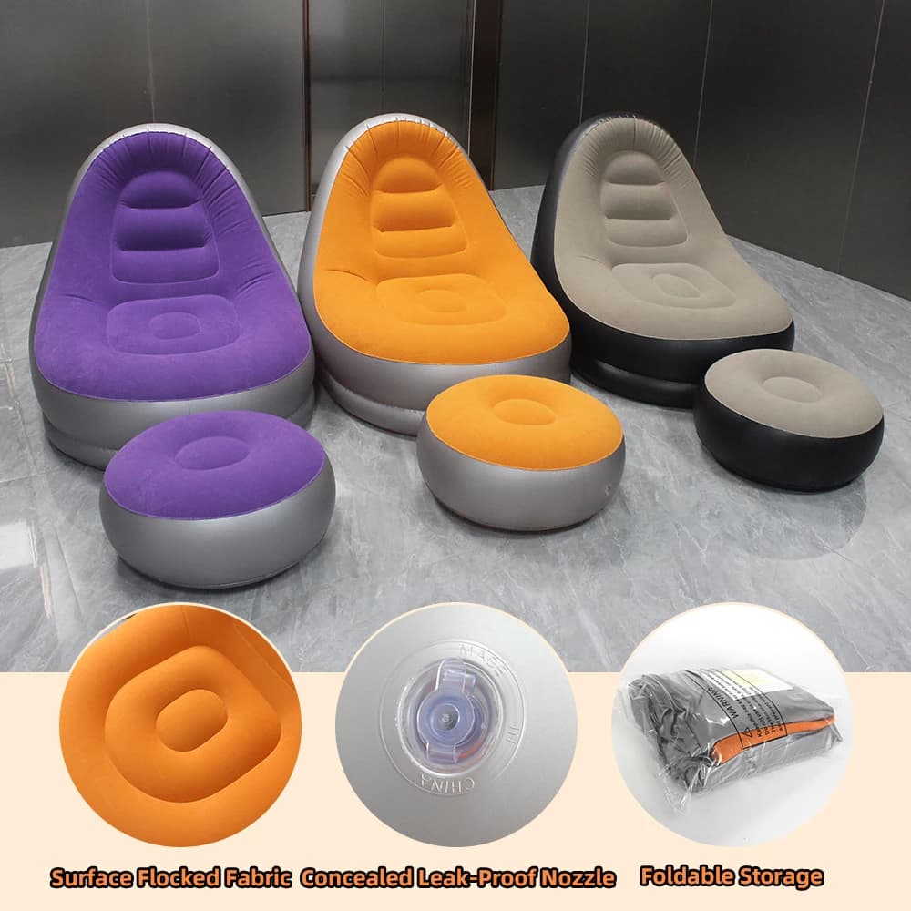 Nadmuchiwana sofa z podnóżkiem – dostępna w 6 kolorach. Przenośna sofa typu „lazy sofa” – fotel wypoczynkowy do użytku na zewnątrz i w pomieszczeniach oraz na kempingu