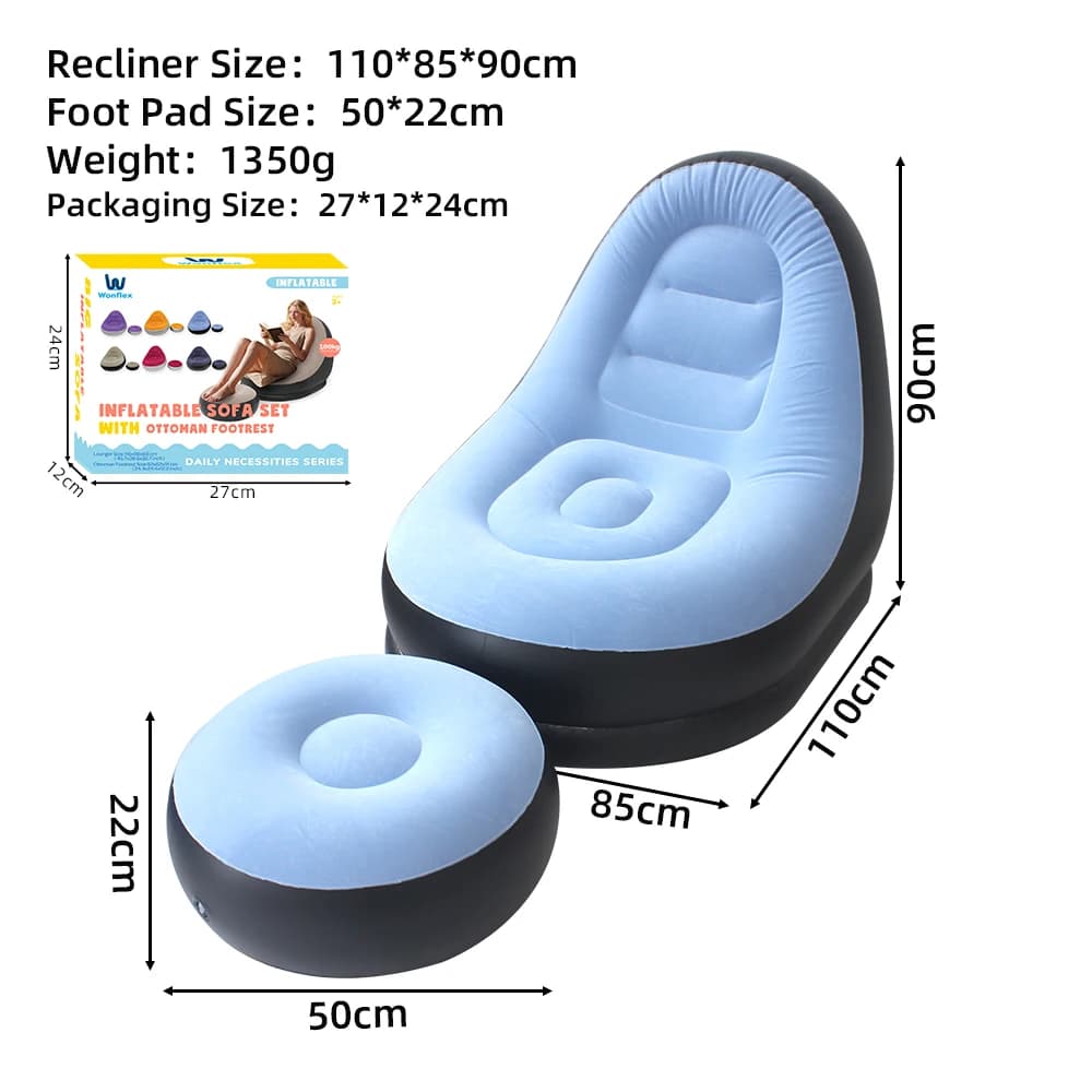 Nadmuchiwana sofa z podnóżkiem – dostępna w 6 kolorach. Przenośna sofa typu „lazy sofa” – fotel wypoczynkowy do użytku na zewnątrz i w pomieszczeniach oraz na kempingu