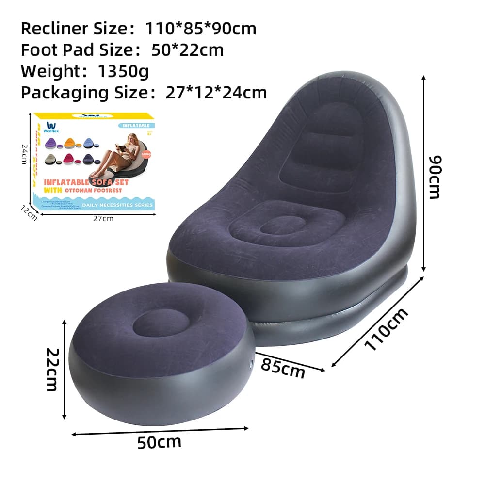 Nadmuchiwana sofa z podnóżkiem – dostępna w 6 kolorach. Przenośna sofa typu „lazy sofa” – fotel wypoczynkowy do użytku na zewnątrz i w pomieszczeniach oraz na kempingu