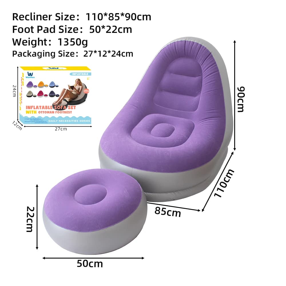 Nadmuchiwana sofa z podnóżkiem – dostępna w 6 kolorach. Przenośna sofa typu „lazy sofa” – fotel wypoczynkowy do użytku na zewnątrz i w pomieszczeniach oraz na kempingu