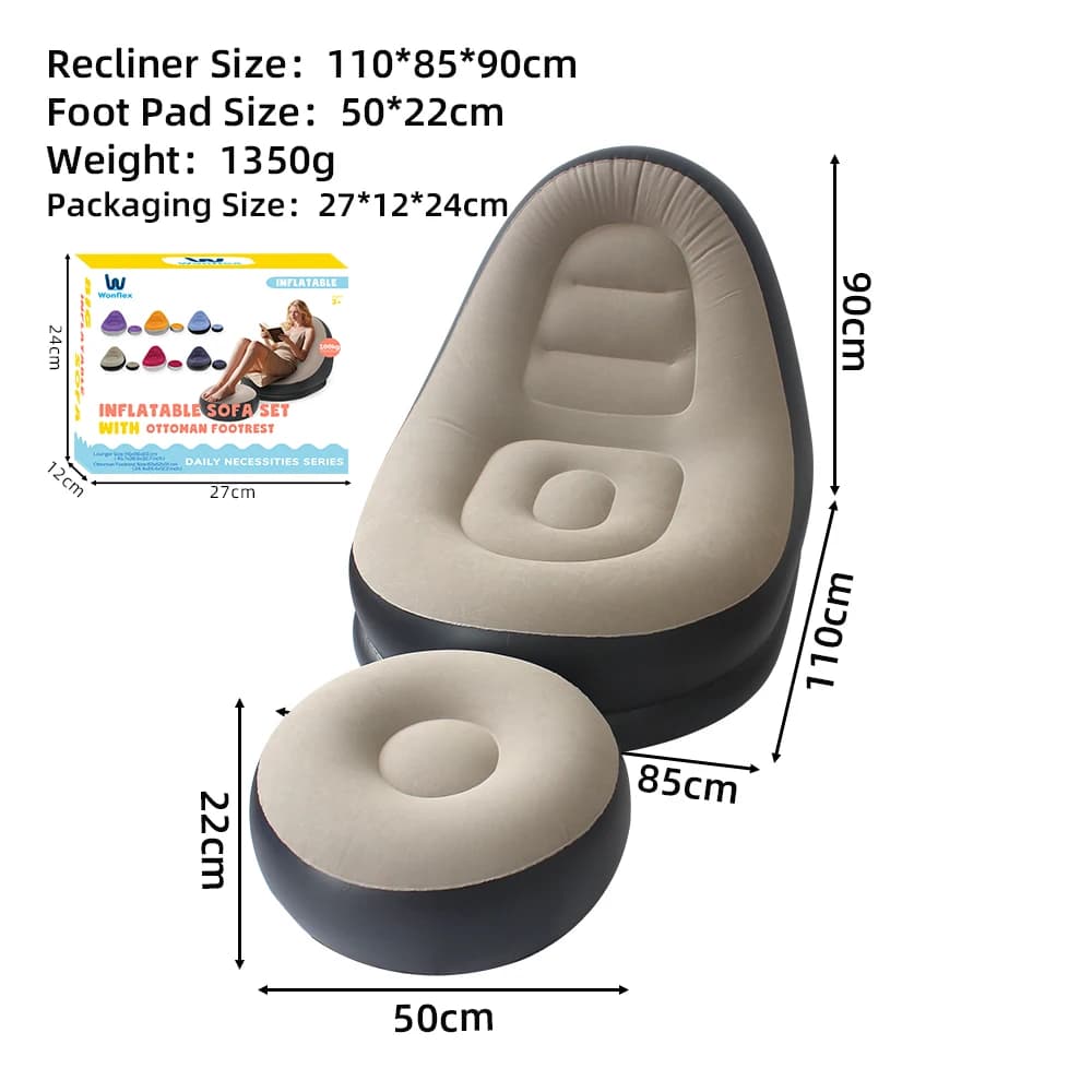 Nadmuchiwana sofa z podnóżkiem – dostępna w 6 kolorach. Przenośna sofa typu „lazy sofa” – fotel wypoczynkowy do użytku na zewnątrz i w pomieszczeniach oraz na kempingu