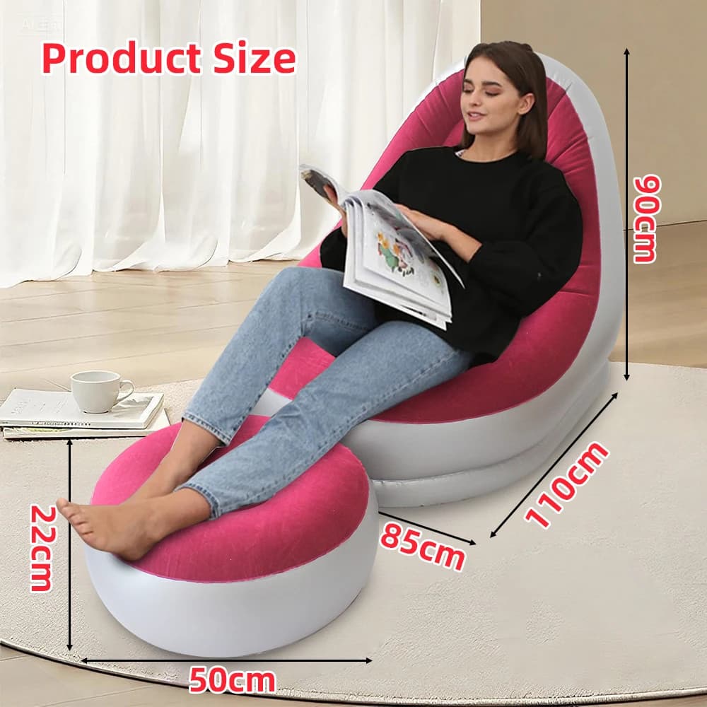 Nadmuchiwana sofa z podnóżkiem – dostępna w 6 kolorach. Przenośna sofa typu „lazy sofa” – fotel wypoczynkowy do użytku na zewnątrz i w pomieszczeniach oraz na kempingu