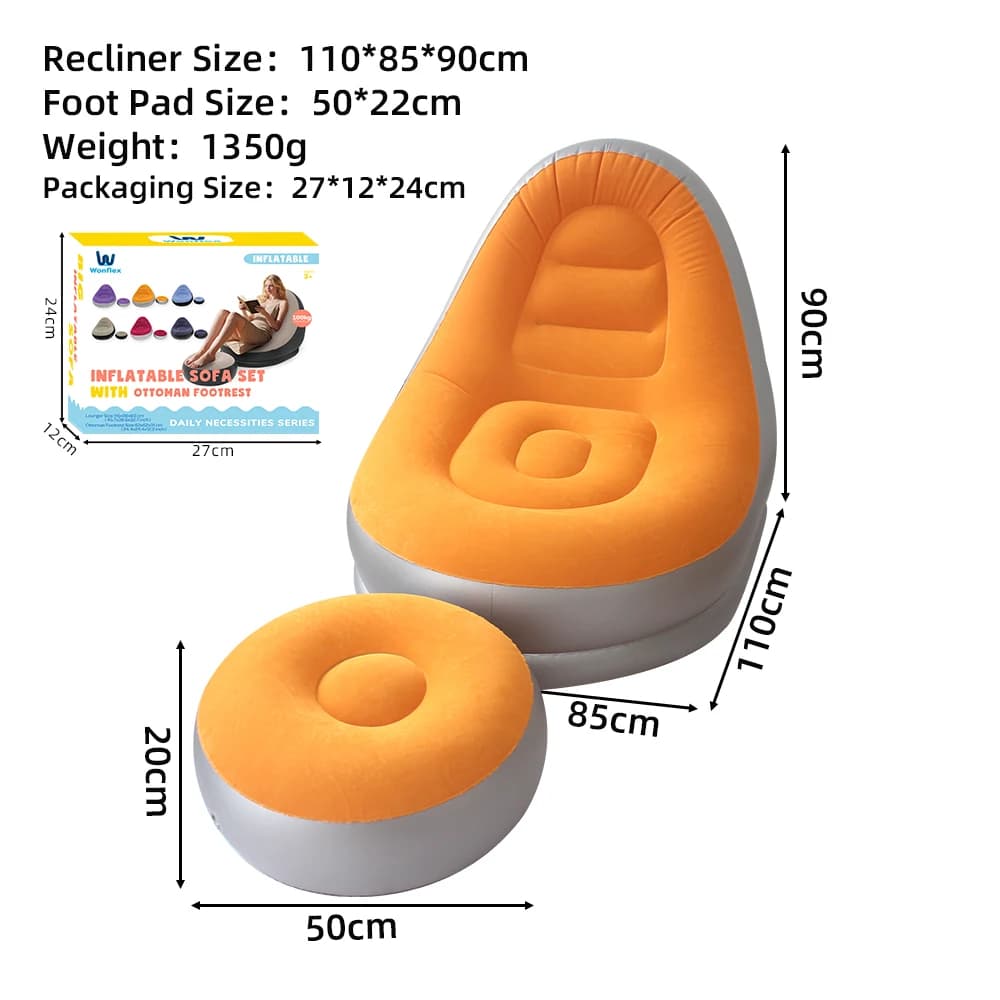 Nadmuchiwana sofa z podnóżkiem – dostępna w 6 kolorach. Przenośna sofa typu „lazy sofa” – fotel wypoczynkowy do użytku na zewnątrz i w pomieszczeniach oraz na kempingu