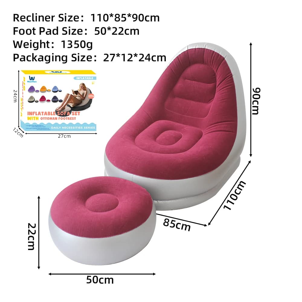 Nadmuchiwana sofa z podnóżkiem – dostępna w 6 kolorach. Przenośna sofa typu „lazy sofa” – fotel wypoczynkowy do użytku na zewnątrz i w pomieszczeniach oraz na kempingu