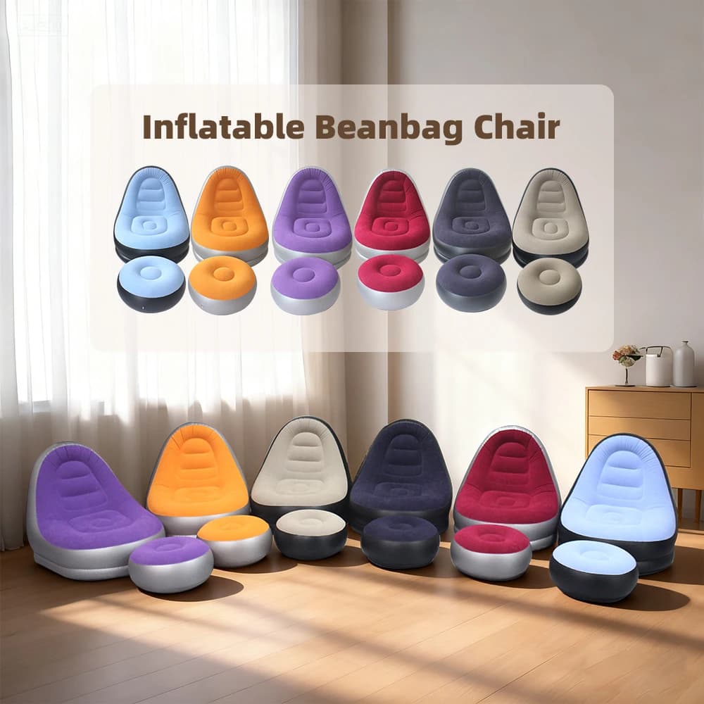 Nadmuchiwana sofa z podnóżkiem – dostępna w 6 kolorach. Przenośna sofa typu „lazy sofa” – fotel wypoczynkowy do użytku na zewnątrz i w pomieszczeniach oraz na kempingu